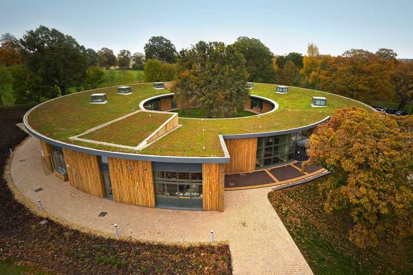 Low-rise building with a planted green flat roof surrounded by trees